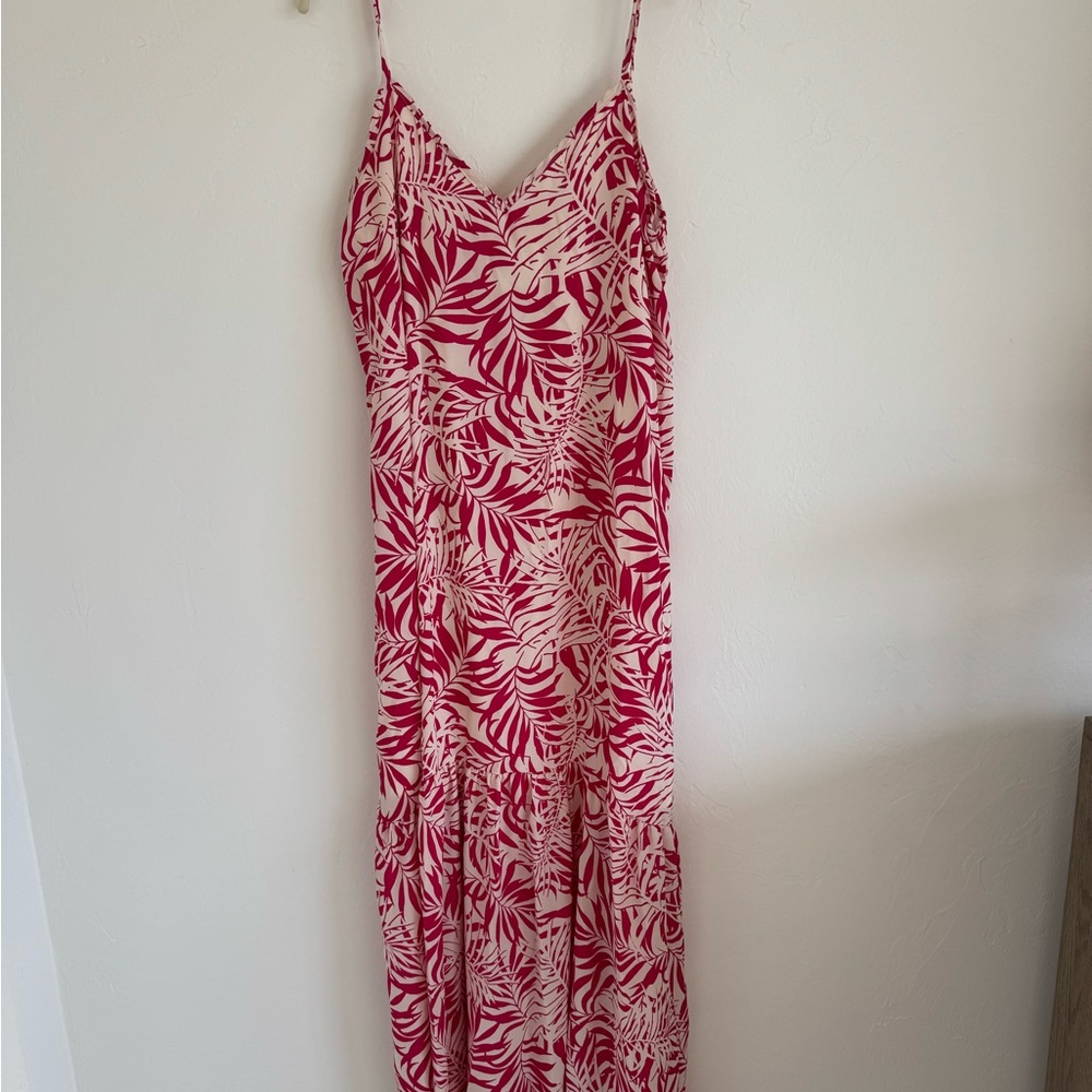 Hot Pink and Cream Leaf Print Maxi Dress